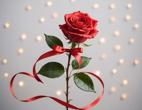 红色玫瑰花花枝彩带摄影图片